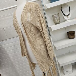 Open Wesve Duster Cardi With Fringe Trim